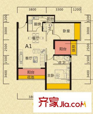 金色領(lǐng)域A棟標(biāo)準(zhǔn)層A1戶型 2室2廳2衛(wèi)1廚