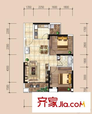 龍光君悅?cè)A庭2#、6#D戶型 2室2廳1衛(wèi)1廚