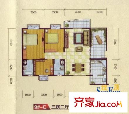 皇龍新城戶型圖9#-C 3室2廳2衛(wèi)1廚