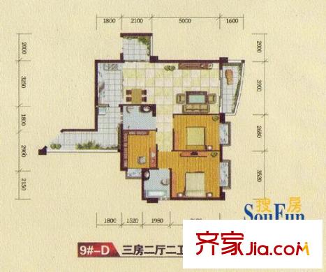 皇龍新城戶型圖9#-D 3室2廳2衛(wèi)1廚