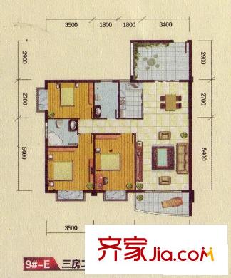 皇龍新城戶型圖9#-E 3室2廳2衛(wèi)1廚