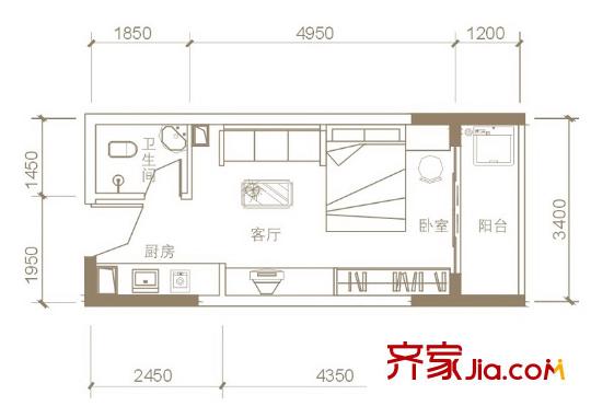 天成一品C區(qū)26戶型 1室1衛(wèi)1廚