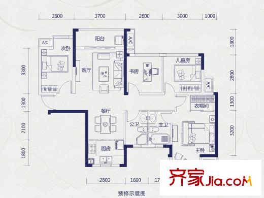 中海御湖熙岸7#樓B戶型 4室2廳2衛(wèi)2廚