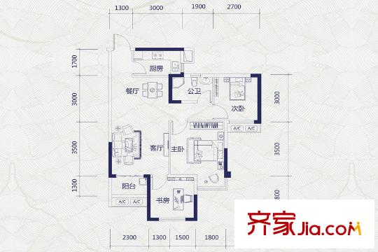 中海御湖熙岸10#樓A2戶型 3室2廳1衛(wèi)1廚