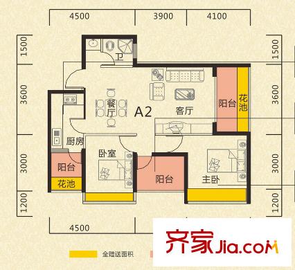 金色領(lǐng)域A棟標(biāo)準(zhǔn)層A2戶型 2室2廳1衛(wèi)1廚