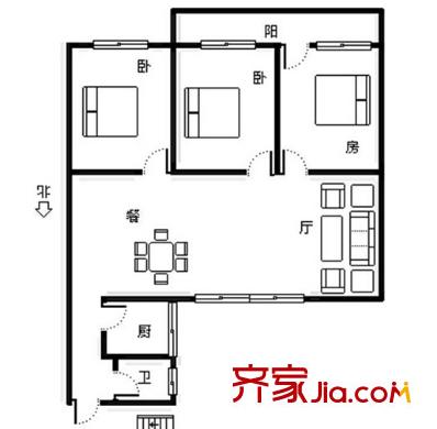 青秀區(qū)教育路單位房戶型圖3 3室2廳1衛(wèi)1廚