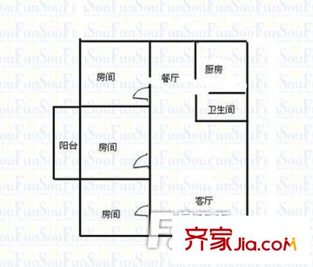 區(qū)中醫(yī)二附院宿舍戶型圖5 3室2廳1衛(wèi)1廚