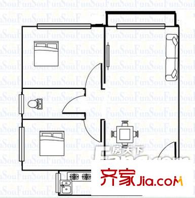 廣西藝術(shù)學(xué)院教職工宿舍戶型圖2 2室2廳1衛(wèi)1廚