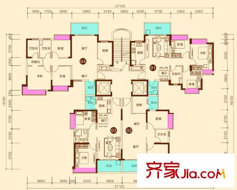 南寧恒大綠洲6#標準層01/02/03/04戶型 2室2廳1衛(wèi)1廚
