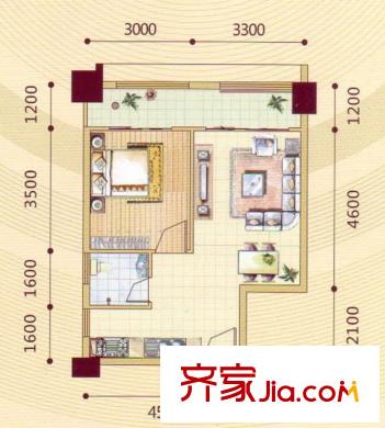 昌泰東盟園SOHO1 B戶型 1室2廳1衛(wèi)1廚