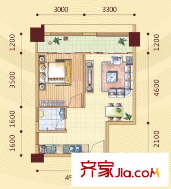 昌泰東盟園SOHO公寓1#樓B戶型 1室2廳1衛(wèi)1廚