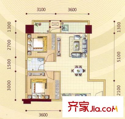 昌泰東盟園SOHO1 A戶型 2室2廳1衛(wèi)1廚