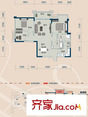 云星錢隆御景2#樓D戶型1單元05號房 3室2廳2衛(wèi)1廚