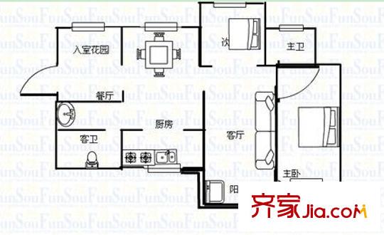 廣西全通投資集團宿舍戶型圖1 2室2廳2衛(wèi)1廚