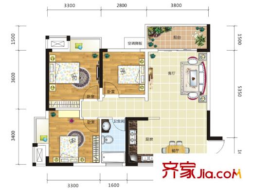 振寧i時代3號樓A戶型 3室2廳1衛(wèi)1廚