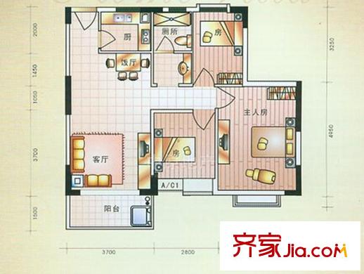 翠馨庭戶型圖3 3室2廳1衛(wèi)1廚