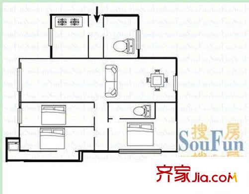 金洲路中國(guó)銀行宿舍戶型圖3 3室2廳1衛(wèi)1廚