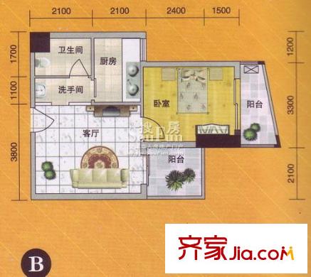 浩天南湖菁鉆公寓戶型圖B戶型 1室1廳1衛(wèi)1廚