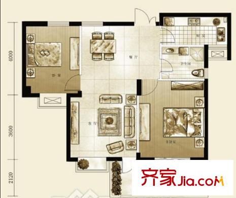 翠馨庭戶(hù)型圖2 2室2廳1衛(wèi)1廚