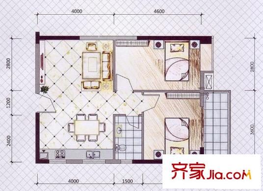 現(xiàn)代國度戶型圖F戶型 2室2廳1衛(wèi)1廚