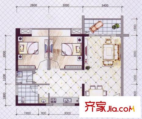 現(xiàn)代國度戶型圖A戶型 2室2廳1衛(wèi)1廚