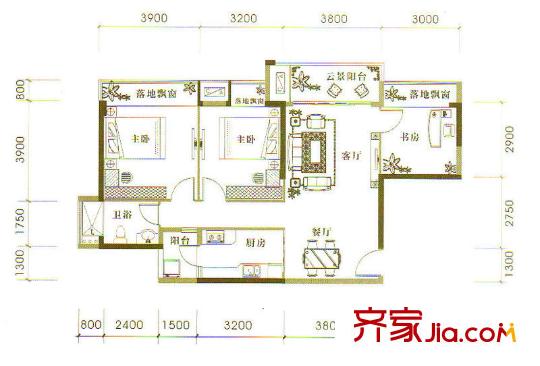 新陽國際戶型圖C1戶型 3室2廳1衛(wèi)1廚