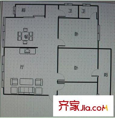 工行鯉灣宿舍戶型圖2 3室2廳2衛(wèi)1廚