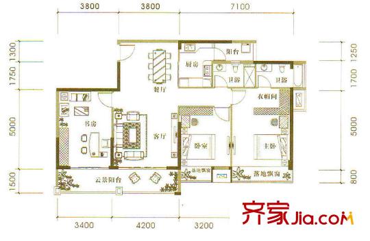 新陽國際戶型圖C2戶型 3室2廳2衛(wèi)1廚