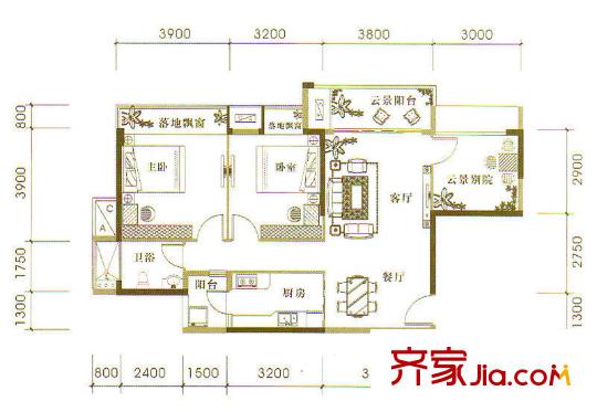 新陽國際戶型圖B2‘戶型 2室2廳1衛(wèi)1廚