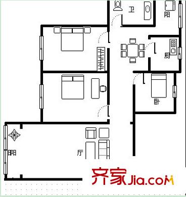 港豐大廈戶(hù)型圖3 3室2廳1衛(wèi)1廚