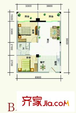 榮寶華星光大廈戶型圖B戶型 2室2廳1衛(wèi)1廚