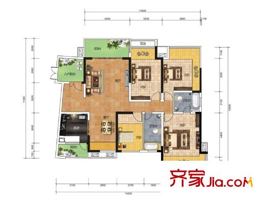 龍光水悅龍灣戶型圖12/13#樓二單元02戶型 4室2廳2衛(wèi)1廚