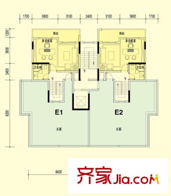 君耀6幢君寶閣標(biāo)1.2單元 E1/E2（復(fù)式頂層）戶型 5室4廳4衛(wèi)1廚