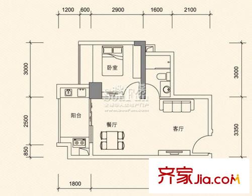 利海亞洲國際戶型圖3-C戶型 1室2廳1衛(wèi)1廚