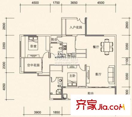 利海亞洲國際戶型圖1-C1戶型 2室2廳2衛(wèi)1廚