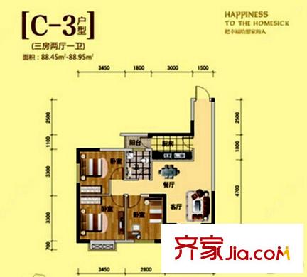 龍鳳首緣8#C-3戶型 3室2廳1衛(wèi)1廚