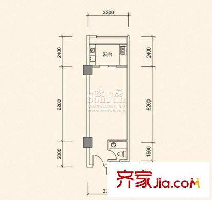 利海亞洲國際戶型圖3-B戶型（單間加陽臺） 2室2廳1衛(wèi)1廚
