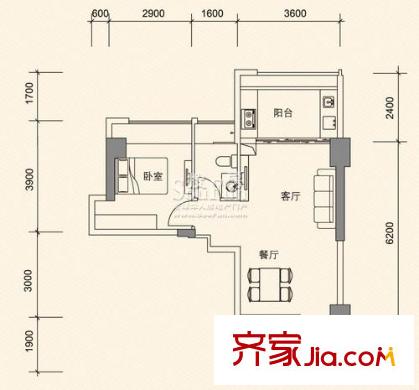 利海亞洲國際戶型圖3-A戶型 1室2廳1衛(wèi)1廚