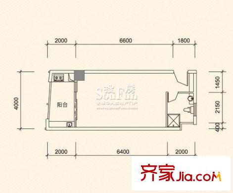 利海亞洲國際戶型圖2-C戶型（單間加陽臺） 2室2廳1衛(wèi)1廚
