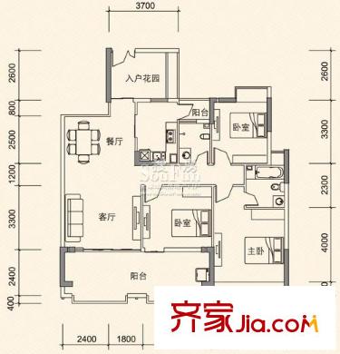 利海亞洲國際戶型圖1-D戶型 3室2廳2衛(wèi)1廚