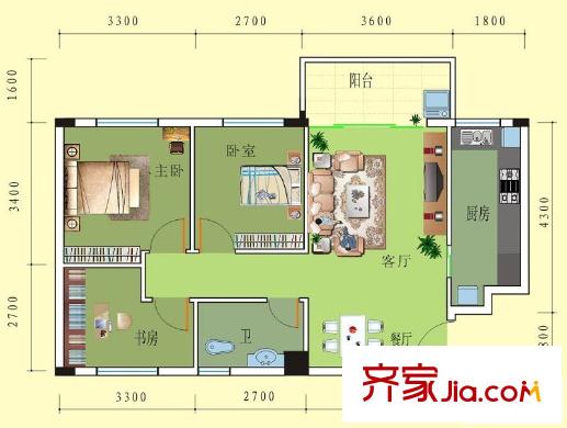中房碧翠園戶型圖C1戶型(1-11層) 3室2廳1衛(wèi)1廚
