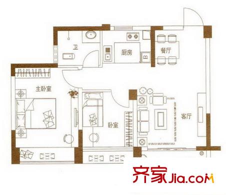匯東酈城戶型圖1+1戶型裝修建議圖 2室2廳1衛(wèi)1廚