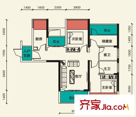 天筑米蘭戶型圖6#樓D2戶型 3室2廳2衛(wèi)1廚
