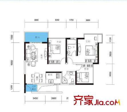 天筑米蘭戶型圖1#、2#的2-26F B1戶型 2室2廳2衛(wèi)1廚