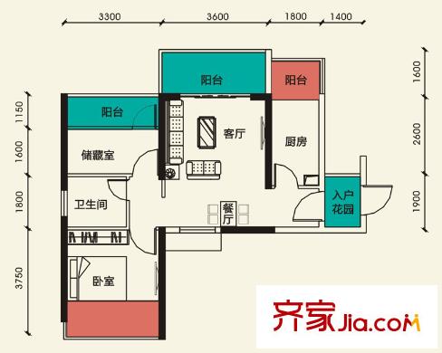 天筑米蘭戶型圖6#樓B2戶型 2室2廳1衛(wèi)1廚