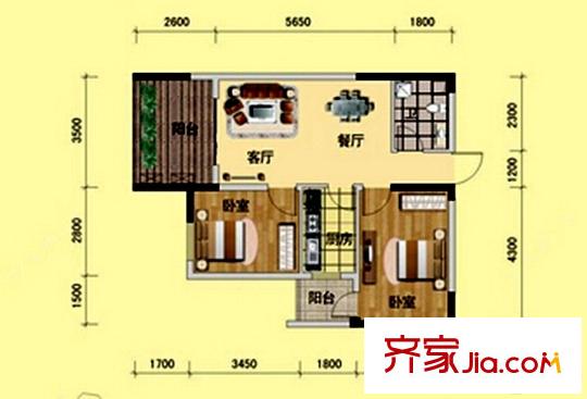 龍鳳首緣8#C-2戶型 2室2廳1衛(wèi)1廚