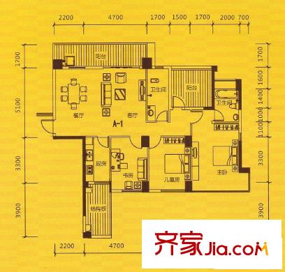 半島旺角戶型圖A-1戶型 3室2廳2衛(wèi)1廚