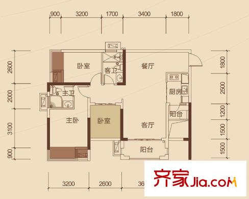 瀚林新城6#樓03戶型 3室2廳2衛(wèi)1廚