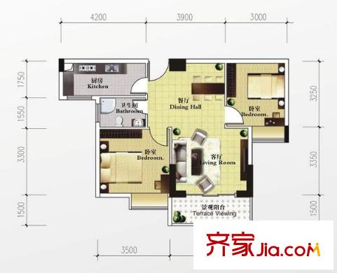 西西灣戶型圖戶型C11-1 2室2廳1衛(wèi)1廚