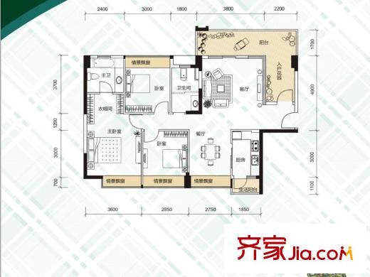升禾綠城世界戶型圖C1戶型 3室2廳2衛(wèi)1廚